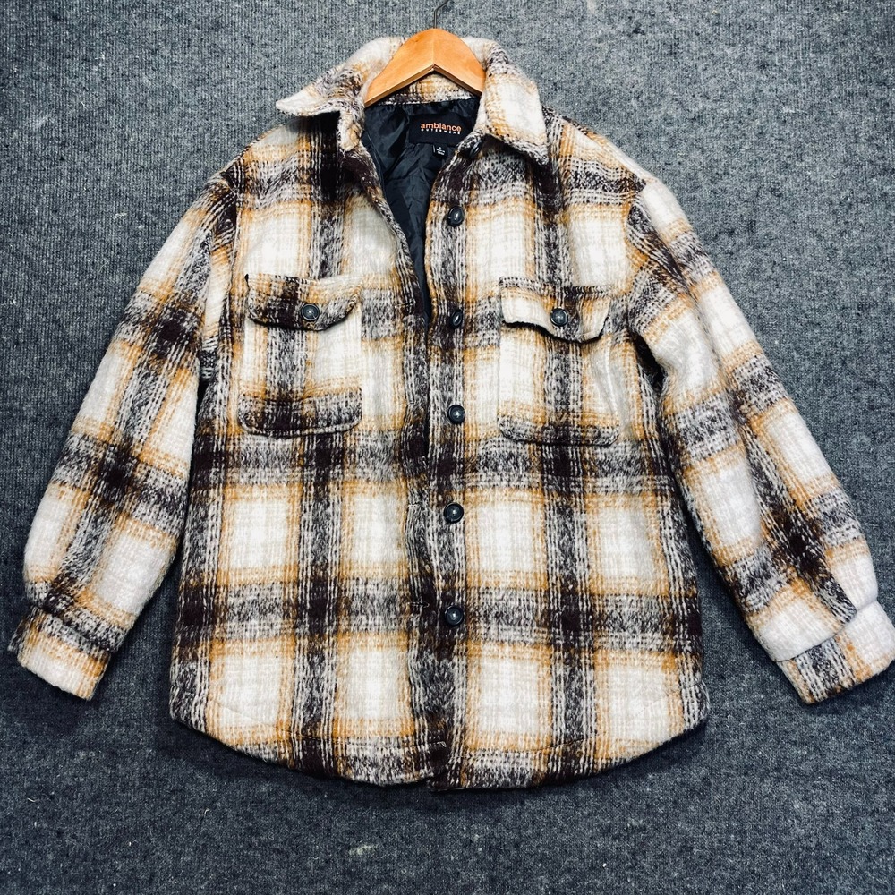Ambiance Mens Brown White Plaid Polyester Wool Blend Shacket Jacket Small 73006